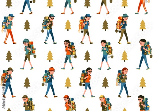 Womans hikers with backpack seamless pattern. Hiking endless pattern. Vector image.