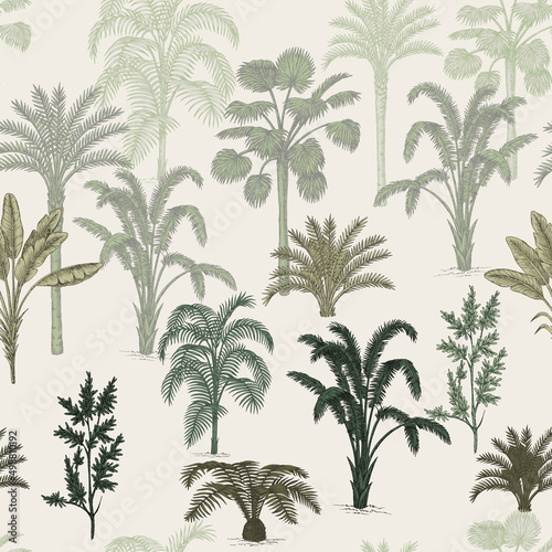 Tropical green ink drawn palm trees summer floral seamless pattern.Exotic jungle wallpaper.