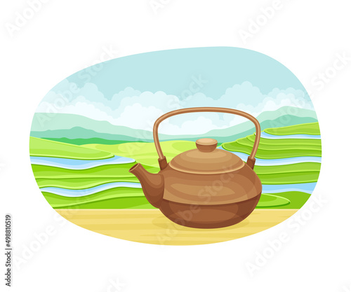 Ceramic Teapot with Tea Hot Aromatic Beverage Brewing and Green Terrace Field Plantation Vector Illustration