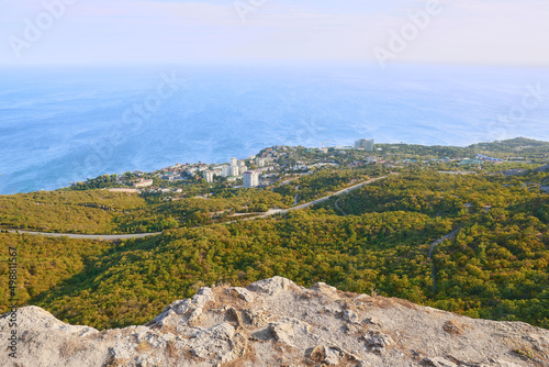 View of the village of Foros and the Black Sea from the top of the mountain. Sevastopol highway.
