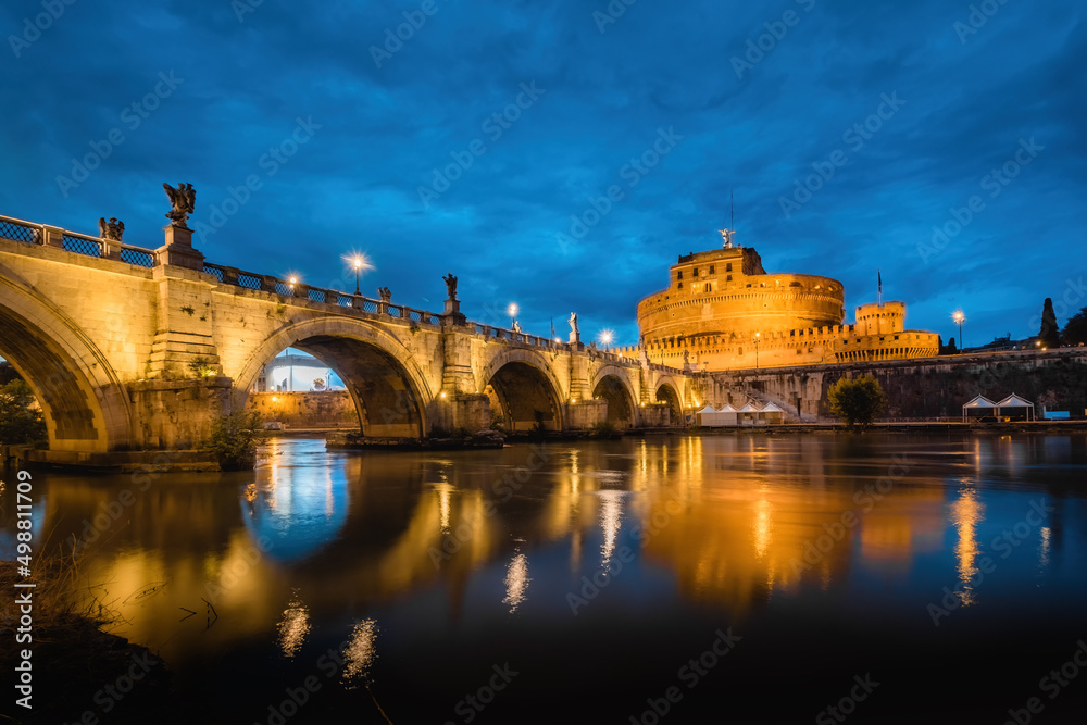 Mausoleum of Hadrian or Castel Sant'Angelo in Rome under the Blue Hour Sky at Dusk