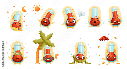 Cartoon Thermometer Character with Different Emotion Sleeping, Greeting and Crying Vector Set