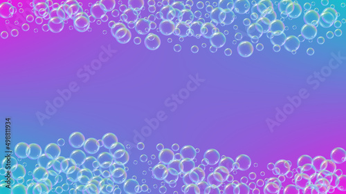Soap bubble. Detergent bath foam and suds for bathtub. Shampoo. 3d vector illustration design. Rainbow fizz and splash. Realistic water frame and border. Aqua colorful liquid soap bubble.