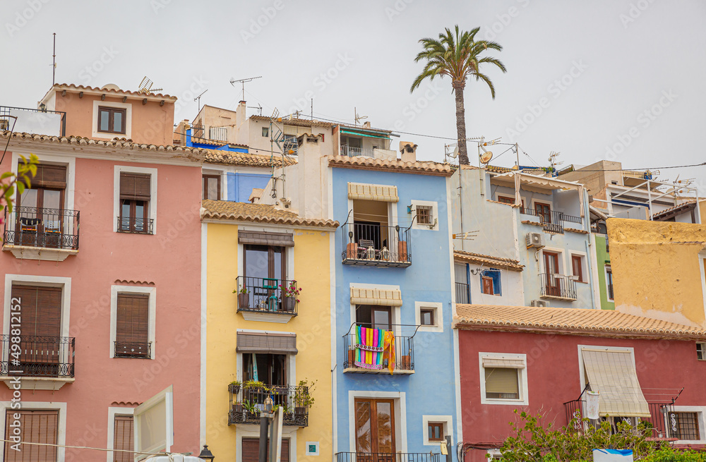 Typical houses of Villajoyosa, a municipality in the Valencian Community, Spain located on the Costa Blanca