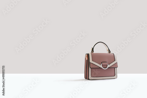Beautiful beige leather female fashion bag isolated on light beige background, perspective view