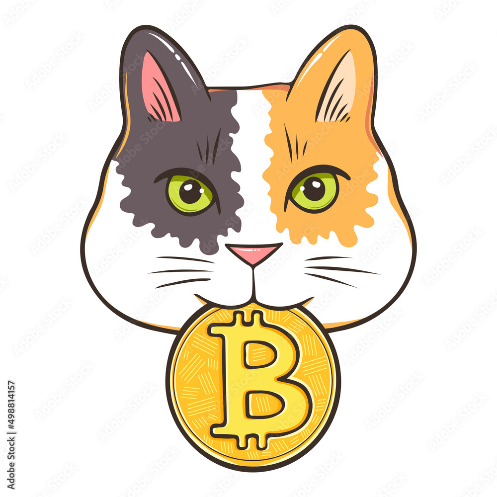 Lucky calico crypto cat holding Bitcoin in mouth, funny poster for someone  who love cats and crypto coins vector de Stock | Adobe Stock