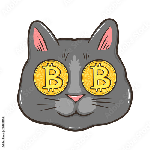 Grey cat with bitcoin eyes hand drawn design for someone who loves cats and crypto currency. Fun crypto kitty design