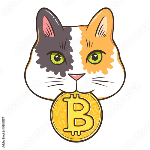 Fototapeta Lucky calico crypto cat holding Bitcoin in mouth, funny poster for someone who l