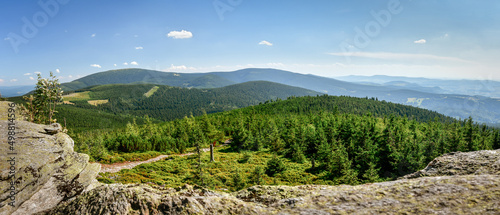 Fototapeta Naklejka Na Ścianę i Meble -  Mountain landscape, view of the Snieznik Massif from a vantage point on the mountain hiking trail at the top of the Czarna Gora mountain, sunny summer day.