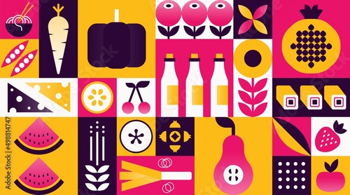 Geometric food mosaic background. Natural green organic fruit vegetable pattern swiss bauhaus style. Vector illustration