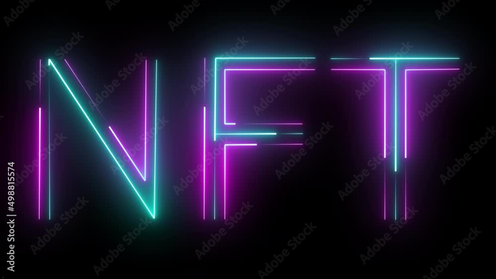 A nonfungible NFT neon letter with moving colored lines in a seamless loop on a transparent alpha channel background.