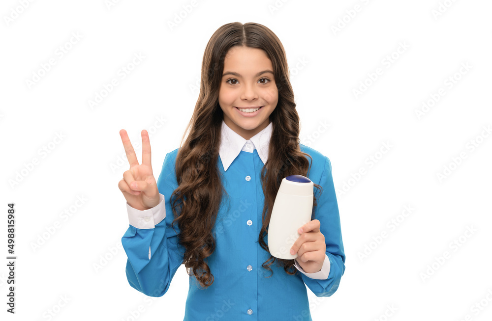 peace. happy kid use shower gel. presenting cosmetic product for teen. teen girl use shampoo peace. happy kid use shower gel. presenting cosmetic product for teen. teen girl use shampoo
