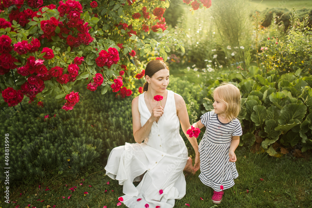 mother hugs her daughter, relax, collect a bouquet of roses