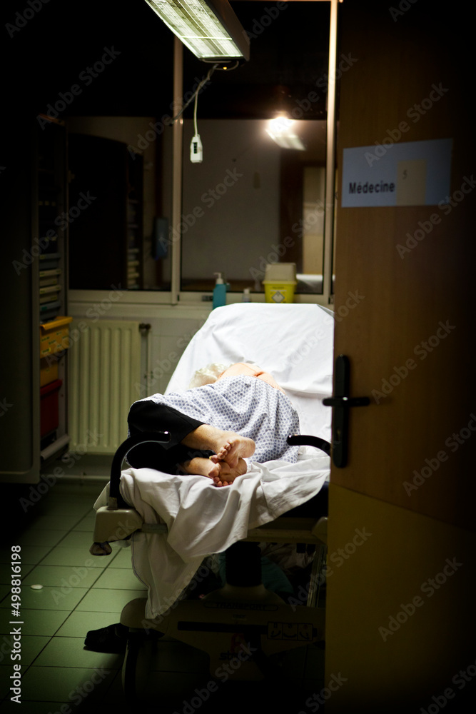 Patient in a night emergency box in a hospital center in France.