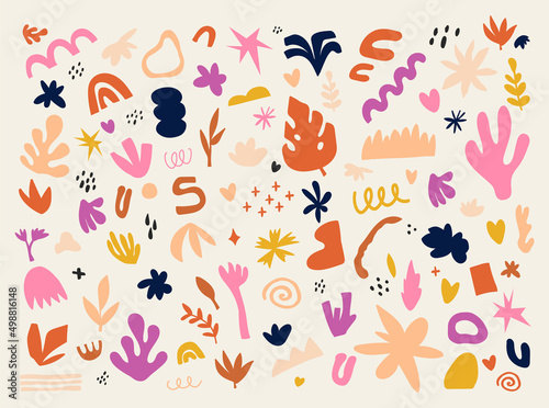 Collection of minimalistic aesthetic doodles and abstract bright elements on isolated background. Large collection of elements  unusual shapes in matisse art style hand-drawn
