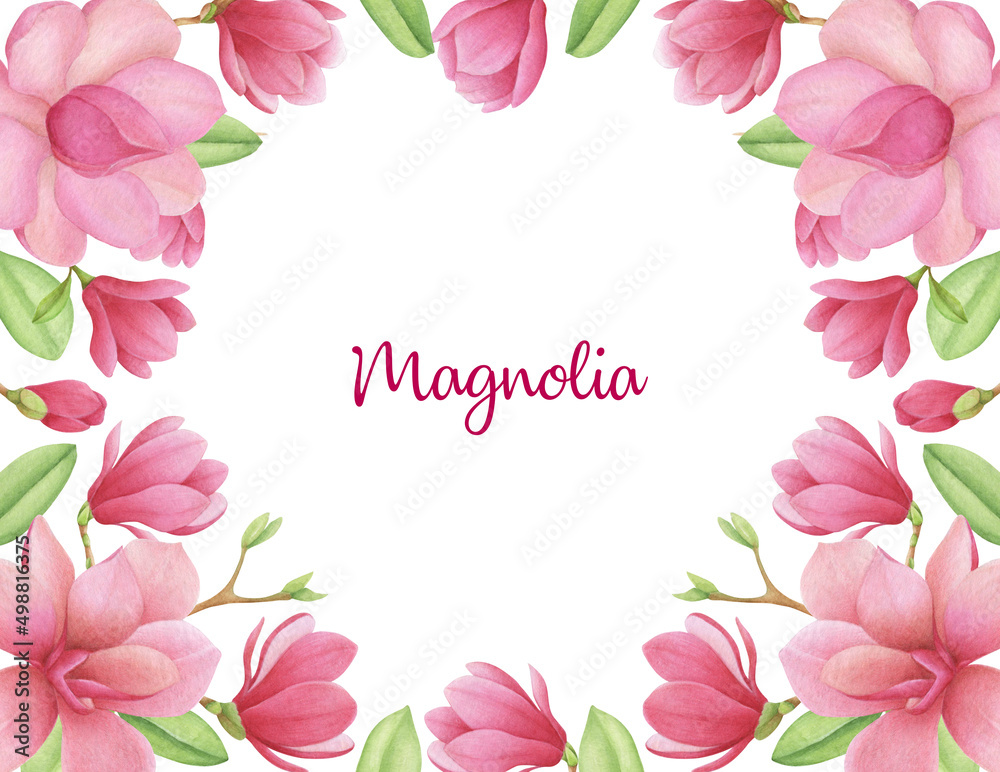 Beautiful illustration with watercolor Magnolia flowers. Frame, greeting card, invitation