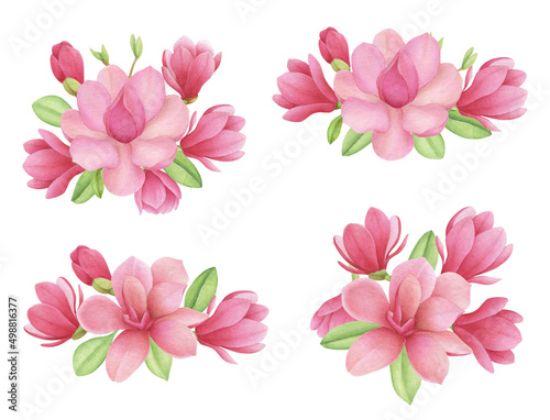 Watercolor romantic bouquet of magnolia isolate on white background. Magnolia watercolor flower arrangement collection
