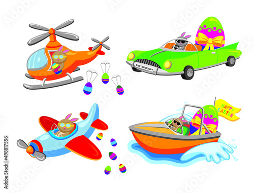 Cute cartoon style set of Easter Bunny in different modes of transport