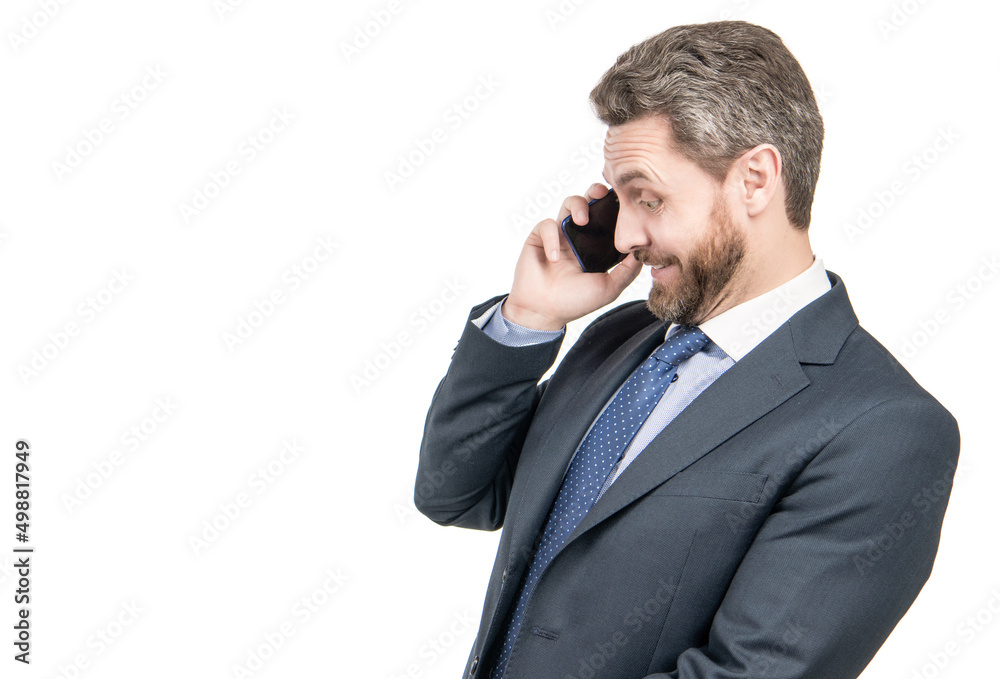 Surprised businessman man talk on mobile phone isolated on white copy space, business call Surprised businessman man talk on mobile phone isolated on white copy space, business call