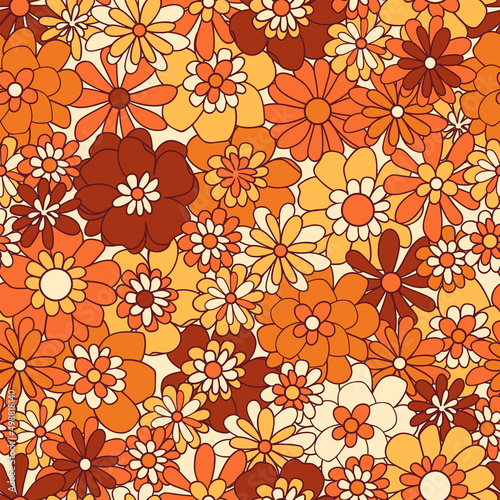 Boho vector background. Floral vintage seamless pattern. Hippie flower power retro textile print. Groovy botanical wallpaper