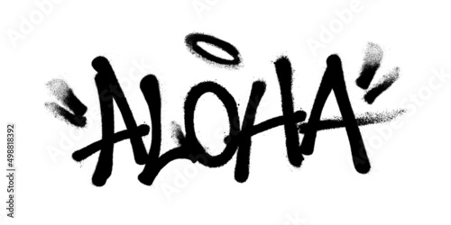 Sprayed aloha font graffiti with overspray in black over white. Vector illustration.