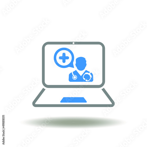 Vector illustration of laptop with doctor and speech bubble on a screen. Icon of online medicine consult. Symbol of digital pharmacy advice. Sign of online physician.