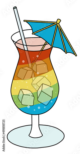 Tiki cocktail in hurricane glass in rainbow LGBT equality flag colors. For gay bar diversity pride party invitations, cards or stickers. Doodle cartoon illustration isolated on white background