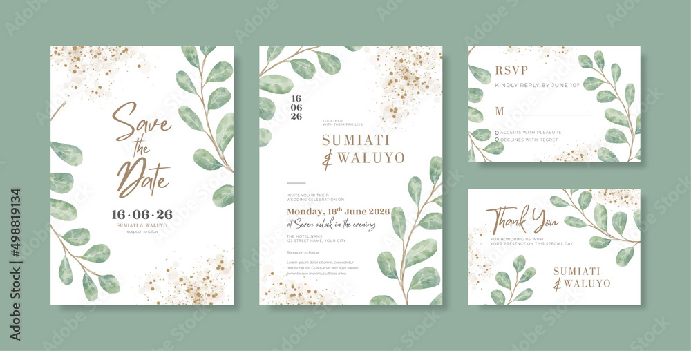 Beautiful wedding invitation template with watercolor eucalyptus