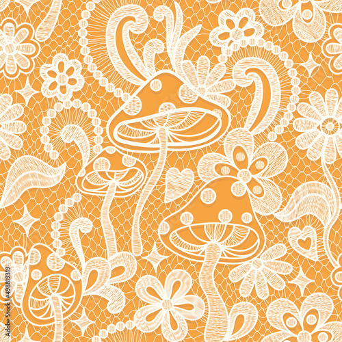 Psychedelic hippie seamless pattern. Lace texture vector illustration. Groovy botanical background with flowers and mushrooms. 60s hippy aesthetique