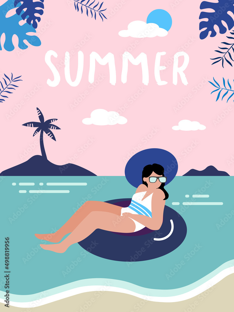 girl on an rubber ring floats in a pool or in the sea. Beach summer vacation. Holidays at sea. The girl in glasses and a swimsuit sunbathes. Vector stock illustration. Flat EPS