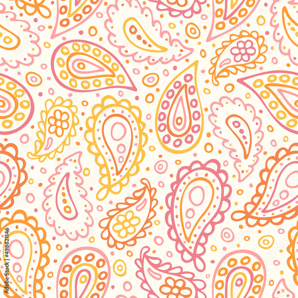 Abstract paisley seamless pattern. Traditional Indian ornamental textile design. Hand drawn vector background.