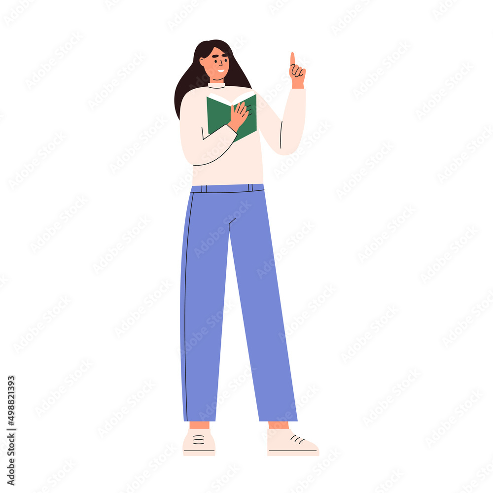 Young woman stands with raised index finger up Young woman stands with raised index finger up