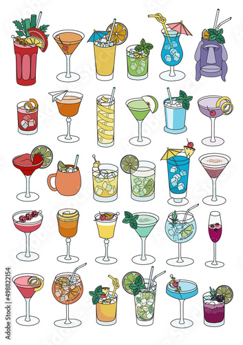 A4 poster size collection set of bar cocktails in rainbow LGBT colors gradient. For gay bar diversity pride party invitations, cards or stickers. Doodle cartoon style illustration on white background