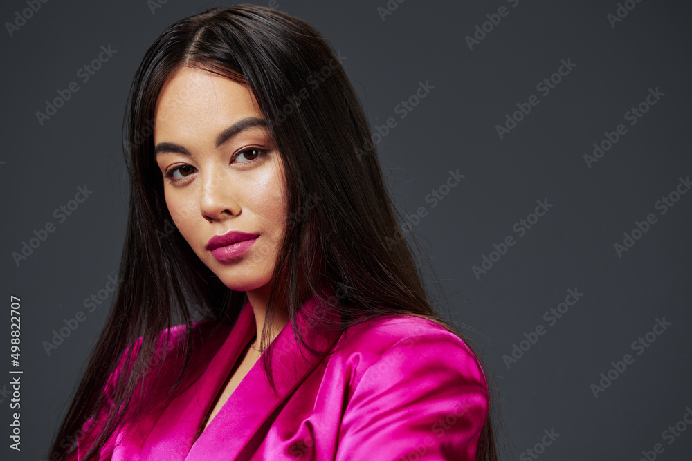 portrait woman bright makeup pink mini dress modern style isolated background portrait woman bright makeup pink mini dress modern style isolated background