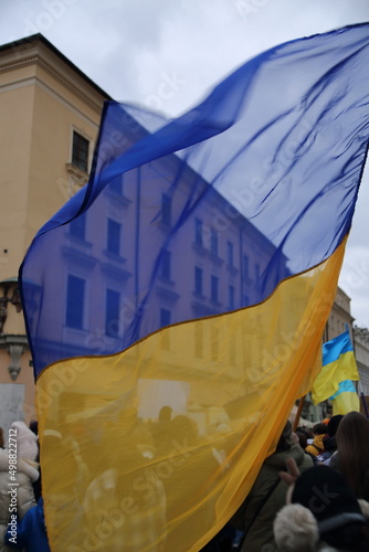 Flag of Ukraine on street demonstration against Russian aggression