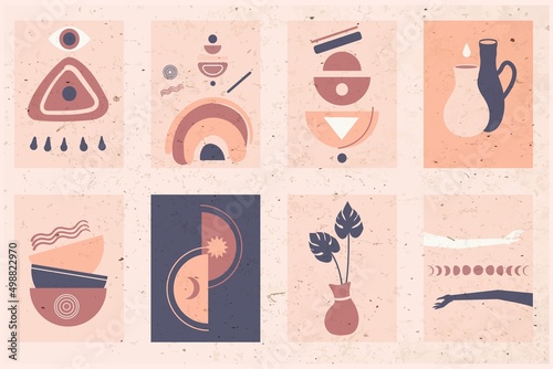 Abstract modern aesthetic posters. Geometric shapes. Mid century minimalist art print. Terracotta,beige colors. Sun and moon. Balance shape.