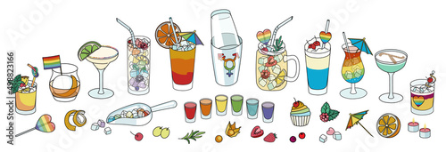 Bar cocktails, shaker and snacks collection set in rainbow LGBT colors. For gay bar diversity pride party invitations, cards or stickers. Doodle cartoon style illustration.