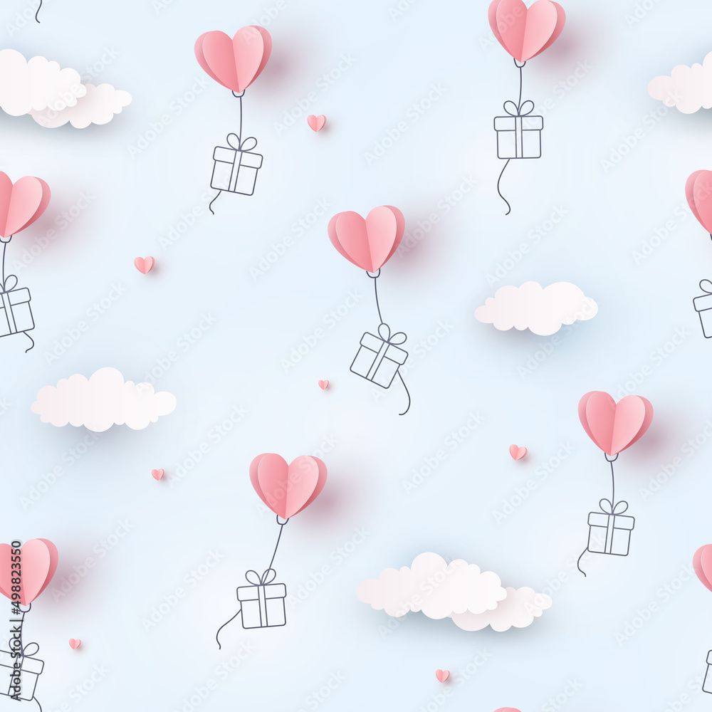Hearts ballons with drawing gift boxes on cloudy blue sky background. Vector love seamless pattern for Happy Mother's or Valentine's Day greeting card design