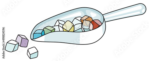 Bar tool ice scoop with rainbow LGBT colors ice. For gay bar diversity pride party invitations, cards or stickers. Doodle cartoon style illustration isolated on white background.