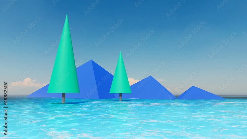 Children's water park with geometric shapes 3d render