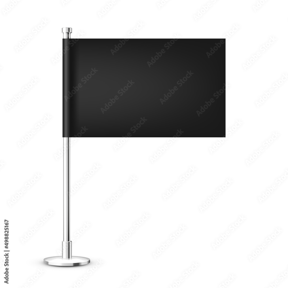Realistic table flag on a chrome steel pole. Blank black desk flag made of paper or fabric. Shiny metal stand. Mockup for promotion and advertising. Vector illustration