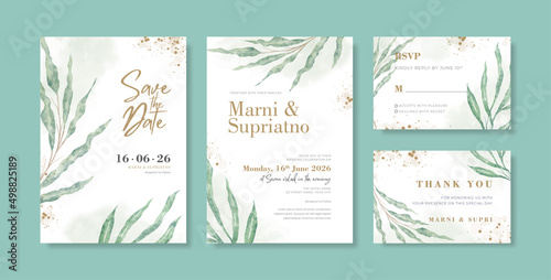 Wedding invitation template with beautiful watercolor eucalyptus