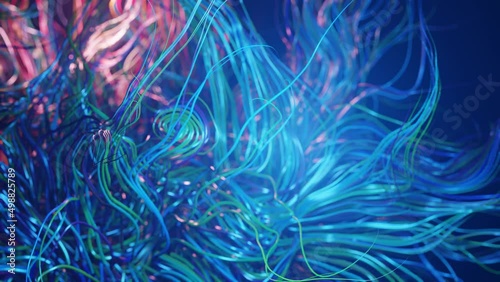 live curls underwater like fur, multi-colored threads or hair. Mist and DOF bokeh effects. Volumetric lights. Mysterious background with live curved lines, close-up. 4k seamless looped bg. photo