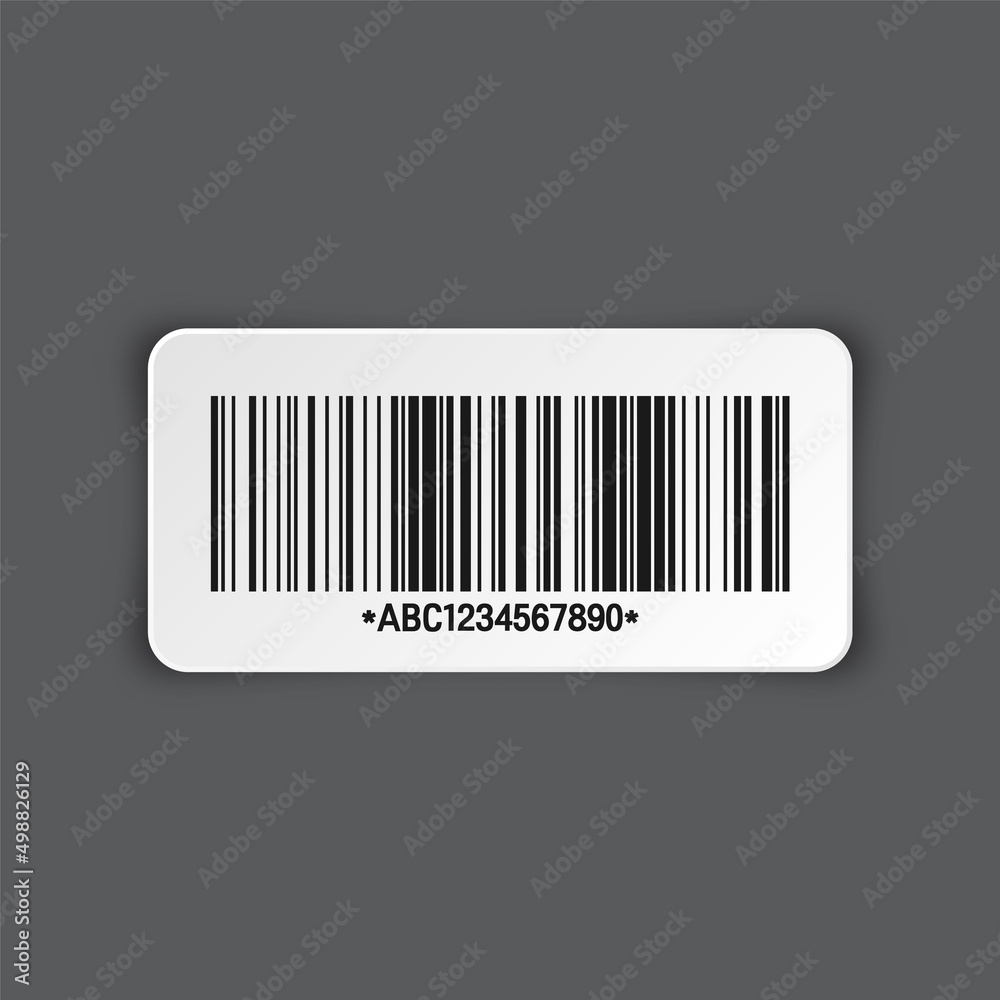 Realistic barcode sticker on gray background. Identification tracking code. Serial number, product ID with digital information. Store or supermarket scan labels, price tag. Vector illustration. Realistic barcode sticker on gray background. Identification tracking code. Serial number, product ID with digital information. Store or supermarket scan labels, price tag. Vector illustration.