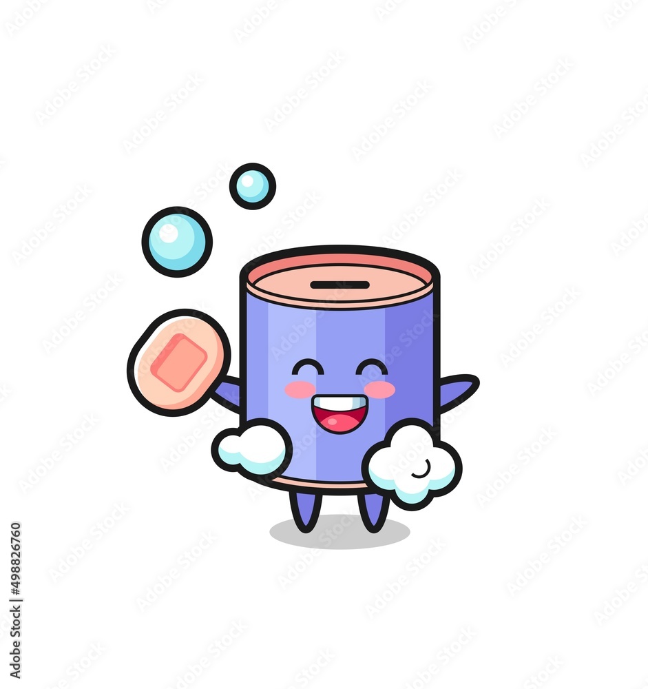 cylinder piggy bank character is bathing while holding soap