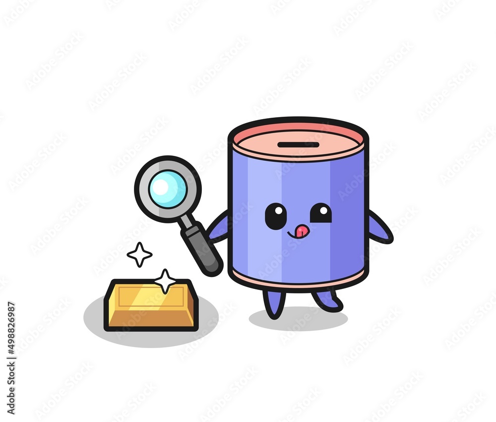 cylinder piggy bank character is checking the authenticity of the gold bullion cylinder piggy bank character is checking the authenticity of the gold bullion