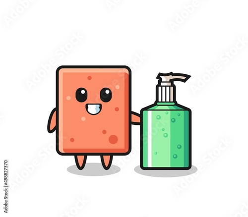 cute brick cartoon with hand sanitizer