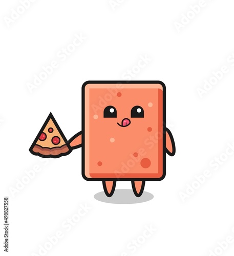 cute brick cartoon eating pizza