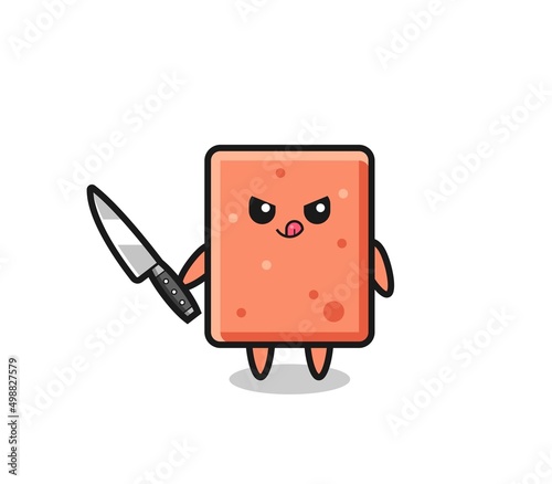 cute brick mascot as a psychopath holding a knife