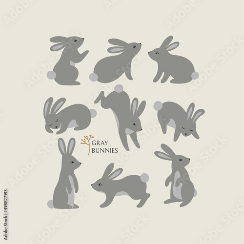 Happy Easter Set with Rabbits. Illustration of Bunnies in Pastel Colors. Modern Minimal Style. For Kids Poster, Greeting Card and Holiday Decoration